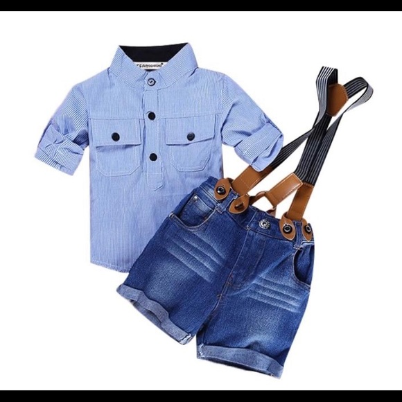 NEW Button down/denim shorts w/suspenders - Picture 2 of 3